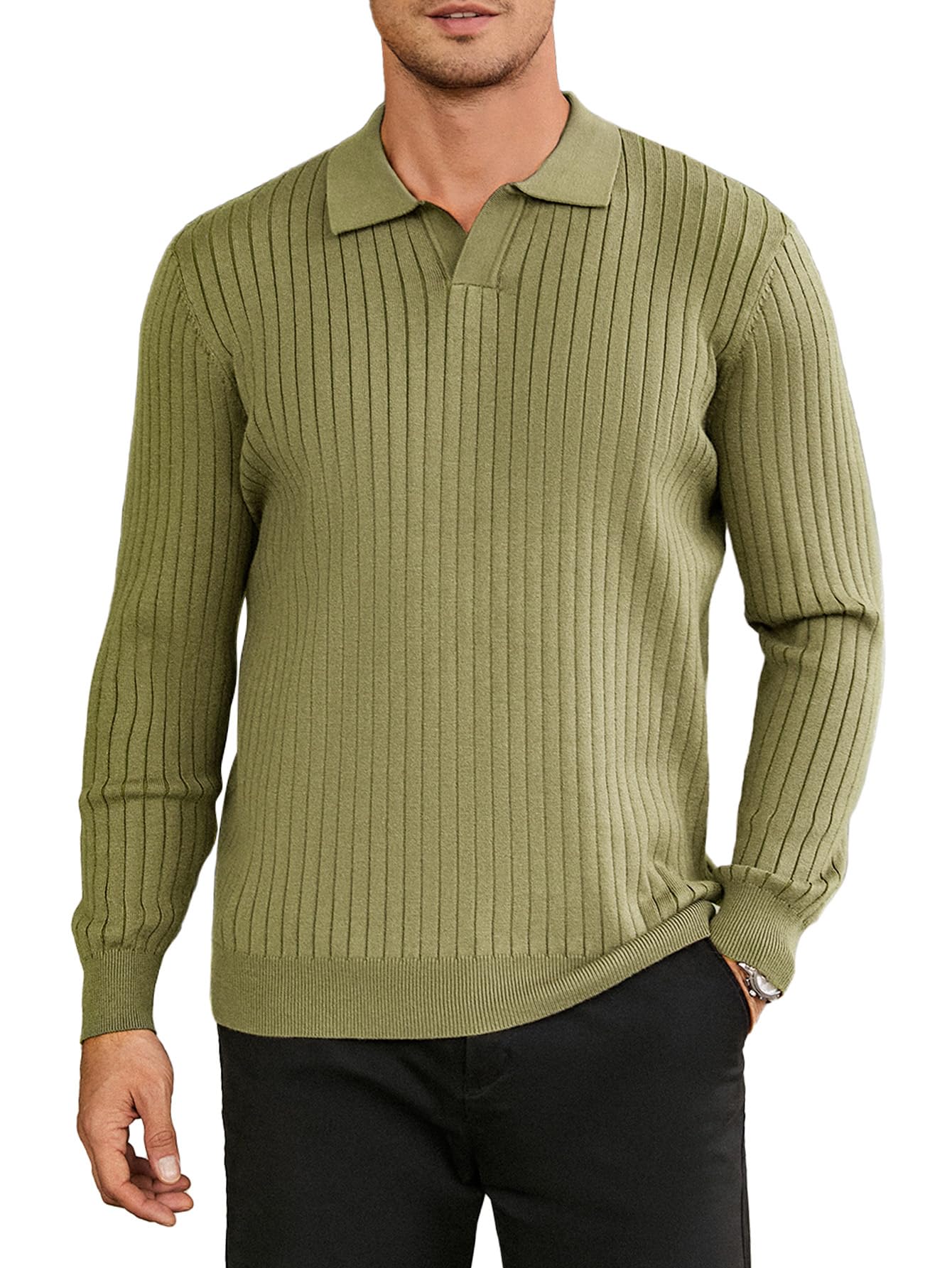 NEW🔥 2025 Men's Ribbed Knit Sweater Casual Long Sleeve Polo Shirt