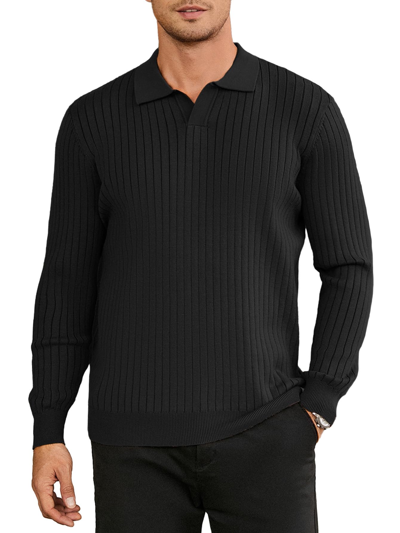 NEW🔥 2025 Men's Ribbed Knit Sweater Casual Long Sleeve Polo Shirt