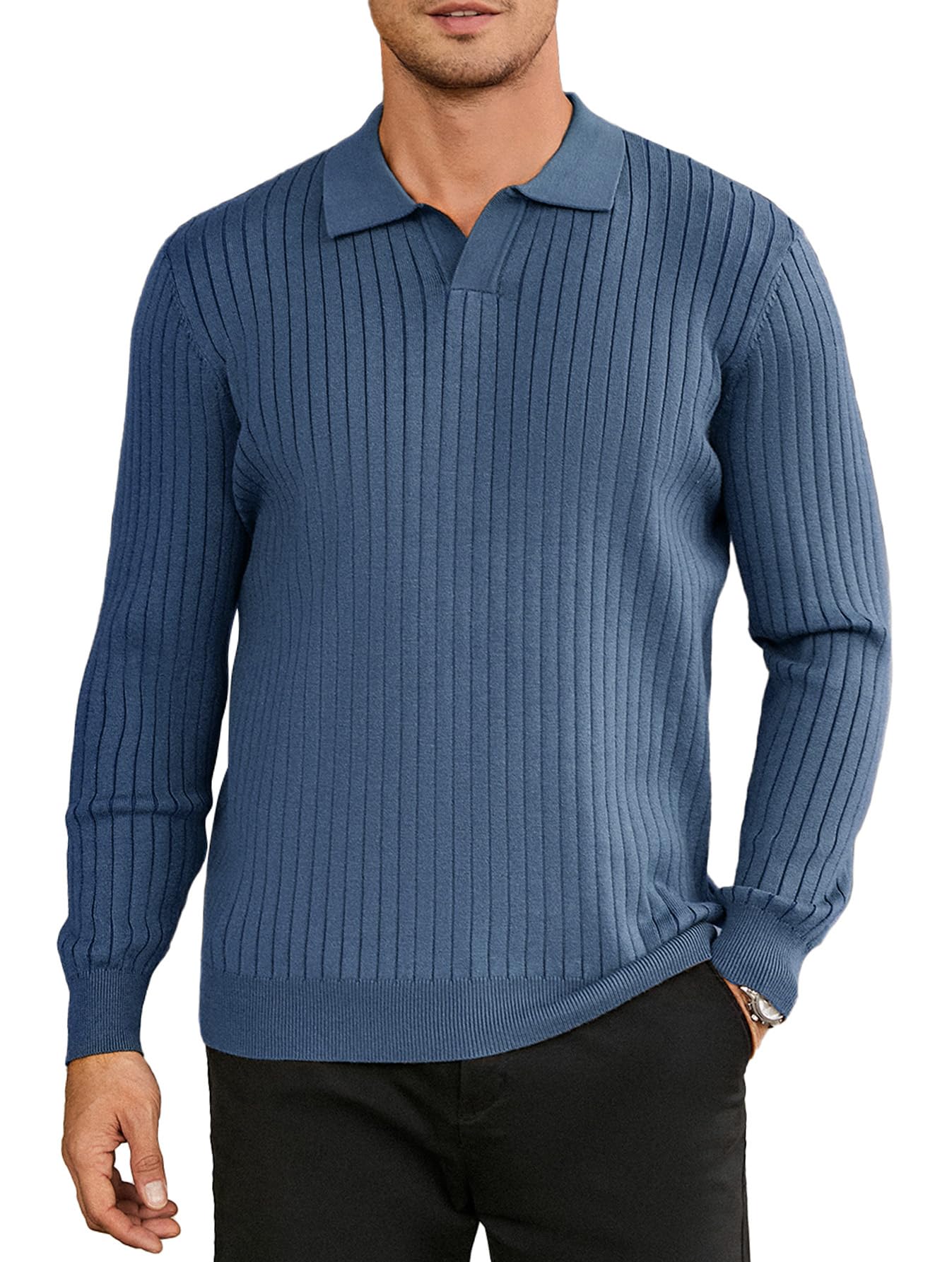 NEW🔥 2025 Men's Ribbed Knit Sweater Casual Long Sleeve Polo Shirt