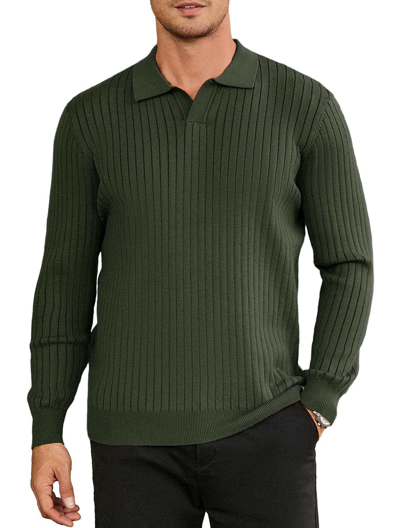 NEW🔥 2025 Men's Ribbed Knit Sweater Casual Long Sleeve Polo Shirt