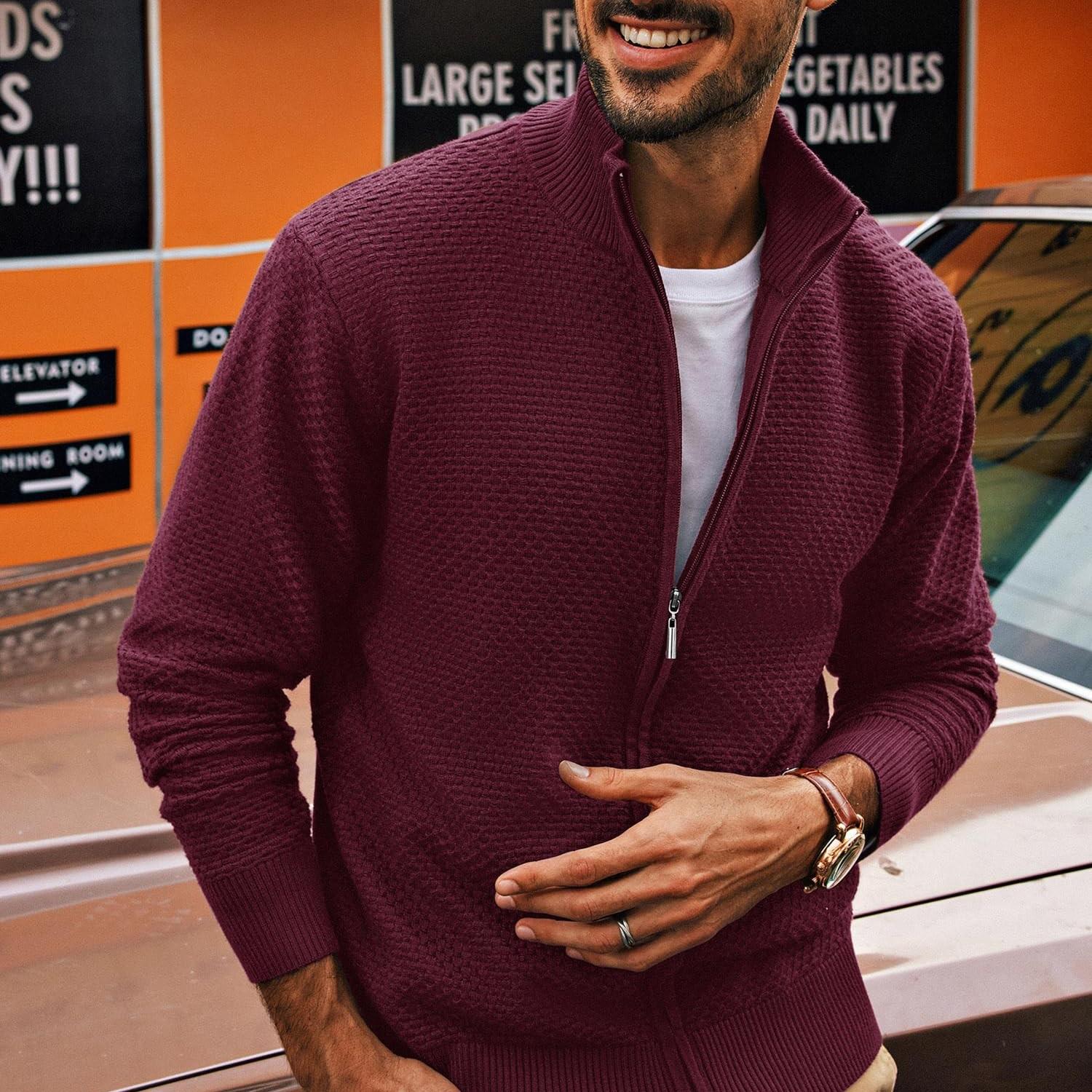 Men's Casual Zipper Cardigan Knit Sweater