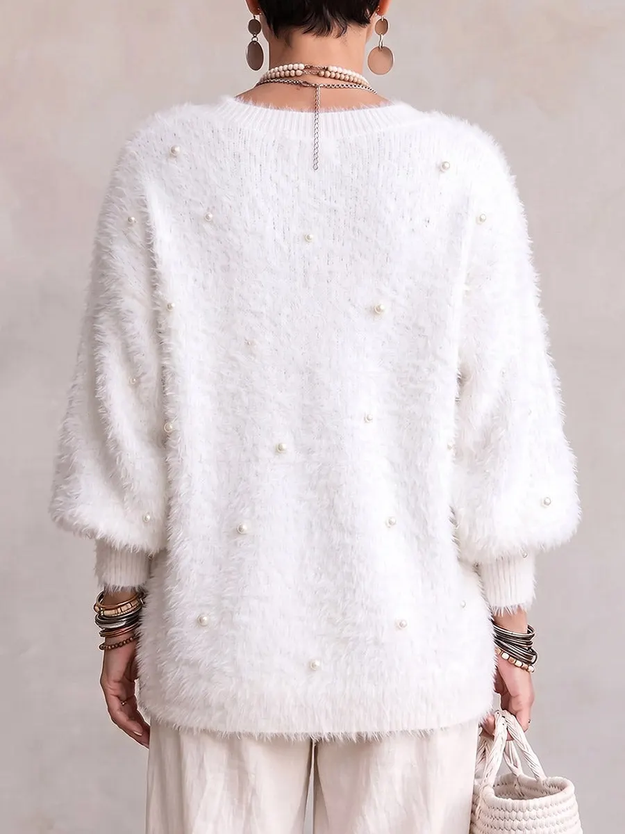 Women's Solid Color V-neck Long-sleeved Casual Loose Beaded Sweater