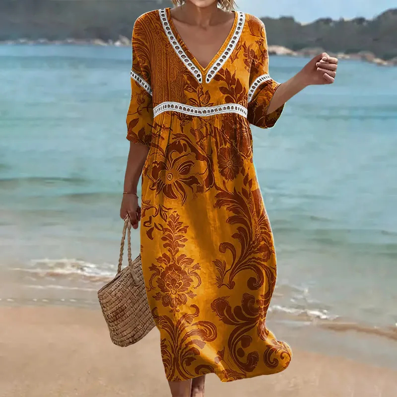 Damen-Komfort-Kleid aus Baumwolle-Leinen-Mix mit Print