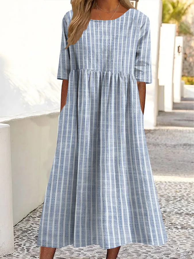 Vintage-Midikleid mit Streifenmuster, Rundhalsausschnitt und Taschen