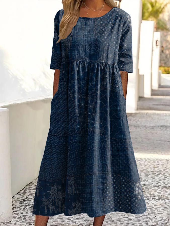 Vintage Sashiko Kunstdruck Rundhals-Taschen-Midi-Kleid