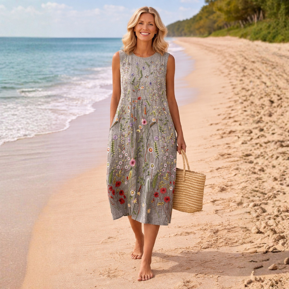 Damenkleid aus Baumwolle und Leinen mit abstraktem Print und Seitentaschen