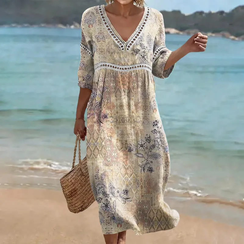 Damen-Komfort-Kleid aus Baumwolle-Leinen-Mix mit Print