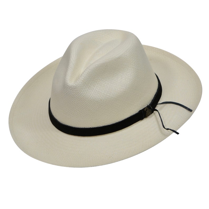 Original Panama Hat - Wide Brim Fedora - Off-White Straw - Black Leather Band - Handmade in Ecuador by Ecua-Andino - EA - HatBox Included-BOX PACKING