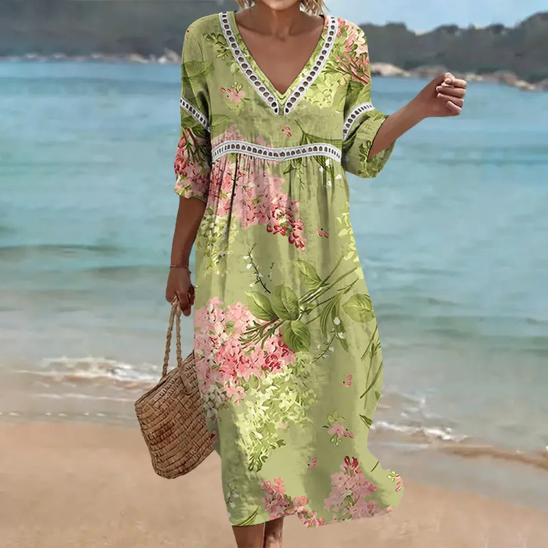 Damen-Komfort-Kleid aus Baumwolle-Leinen-Mix mit Print