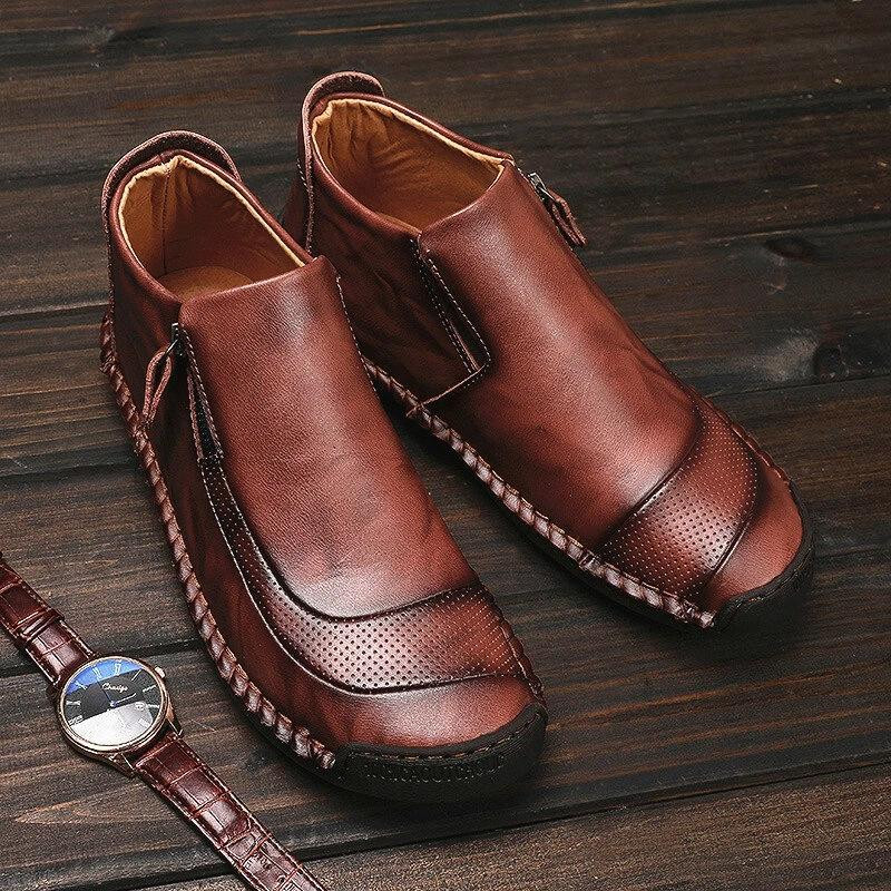 Men Leather Hand Stitching Side Zipper Comfy Soft Ankle Boots-burnzay