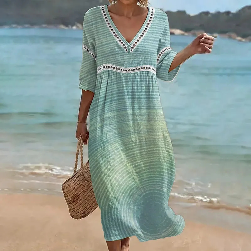 Damen-Komfort-Kleid aus Baumwolle-Leinen-Mix mit Print