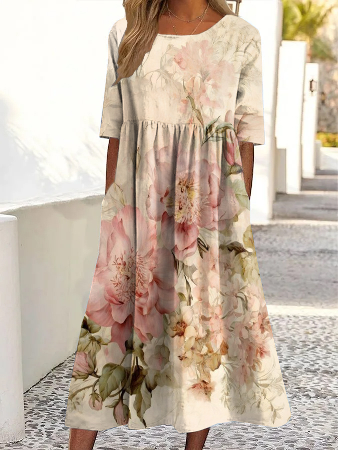 Vintage Midikleid mit Blumenmuster, Rundhalsausschnitt und Taschen
