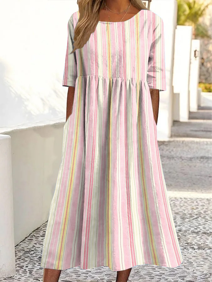 Vintage-Midikleid mit Streifenmuster, Rundhalsausschnitt und Taschen
