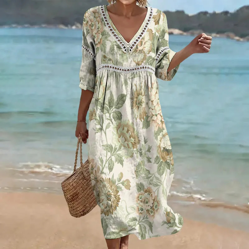 Damen-Komfort-Kleid aus Baumwolle-Leinen-Mix mit Print