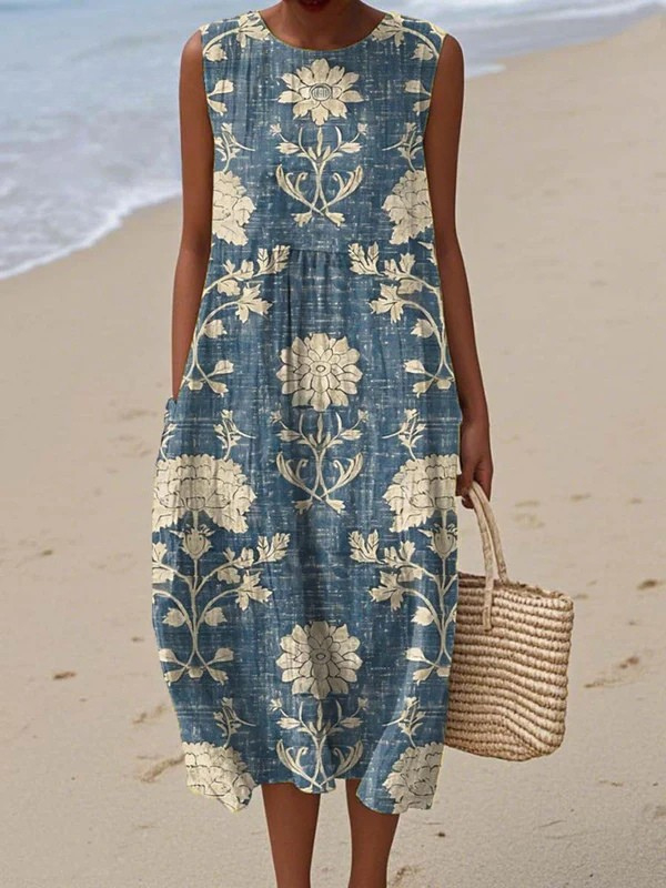 Damenkleid aus Baumwolle und Leinen mit abstraktem Print und Seitentaschen