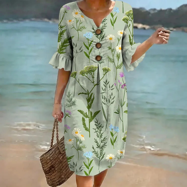 ð¥LÃ¤ssiges Damenkleid mit V-Ausschnitt und Print