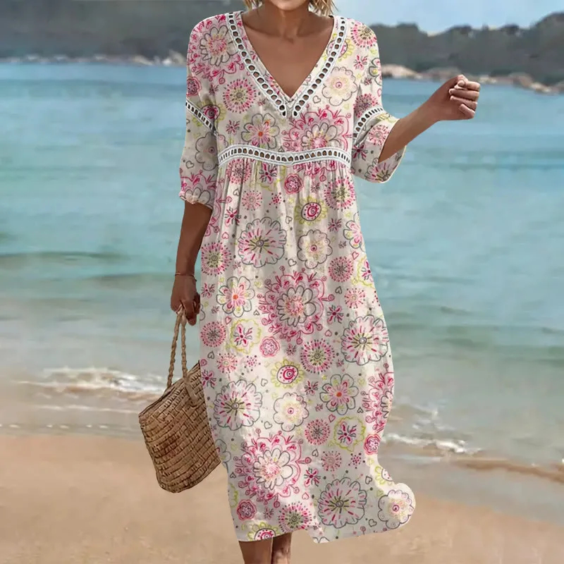 Damen-Komfort-Kleid aus Baumwolle-Leinen-Mix mit Print