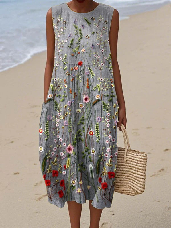 Damenkleid aus Baumwolle und Leinen mit abstraktem Print und Seitentaschen