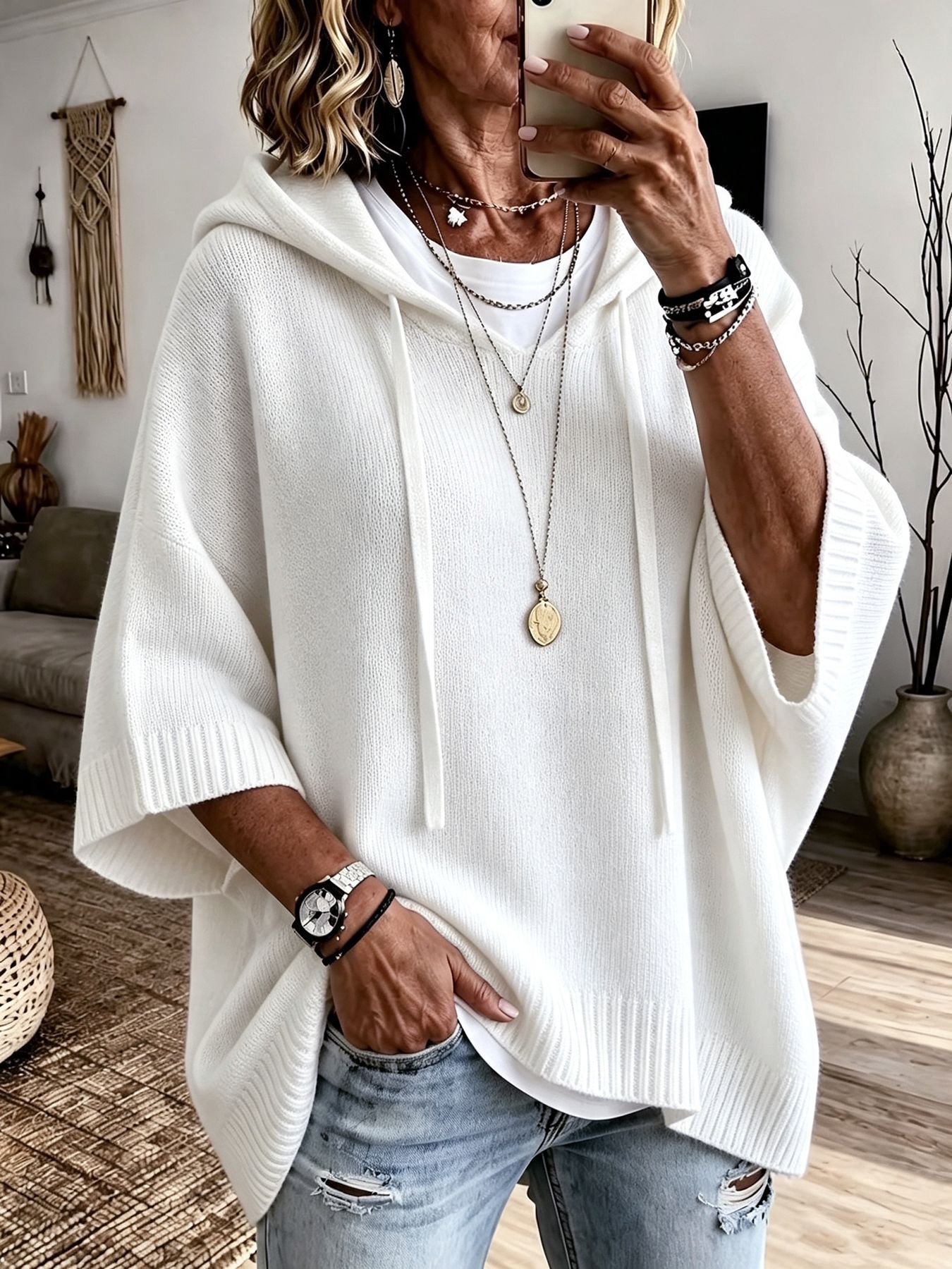 Damen-Pullover/Hoodie aus Wolle-Kaschmir-Mix mit Kapuze