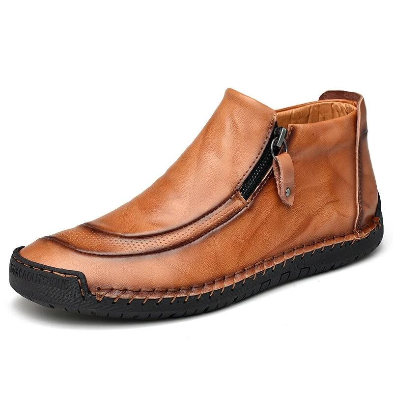 Men Leather Hand Stitching Side Zipper Comfy Soft Ankle Boots-burnzay