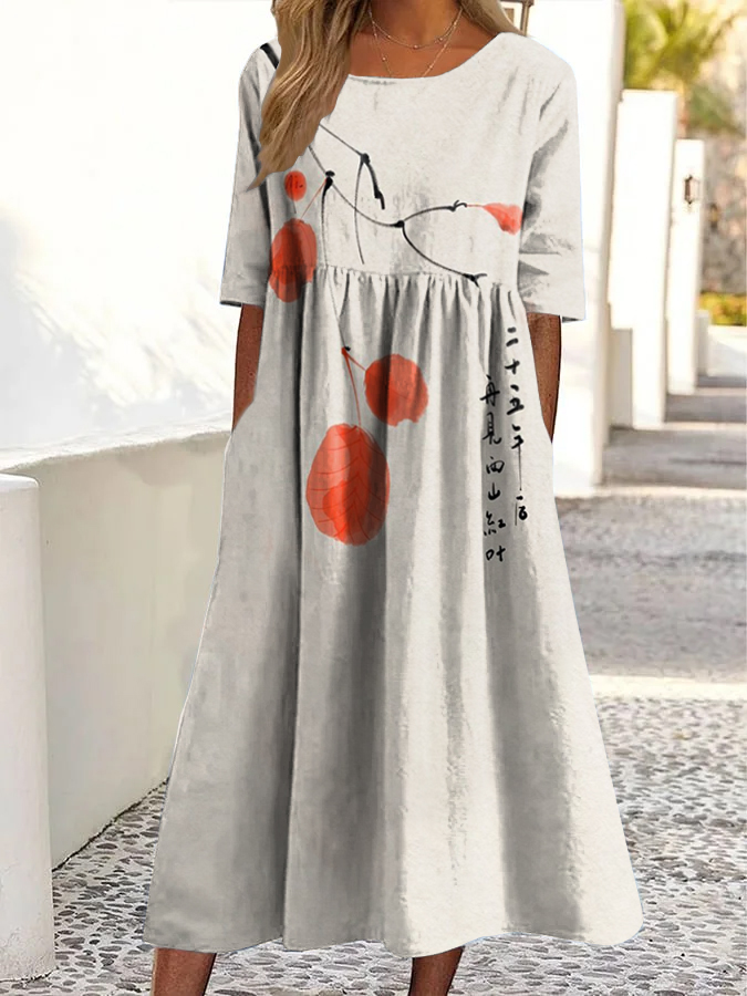 Vintage-Kunstdruck-Midikleid mit Rundhalsausschnitt und Taschen