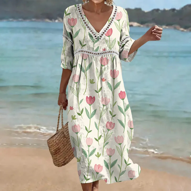 Damen-Komfort-Kleid aus Baumwolle-Leinen-Mix mit Print