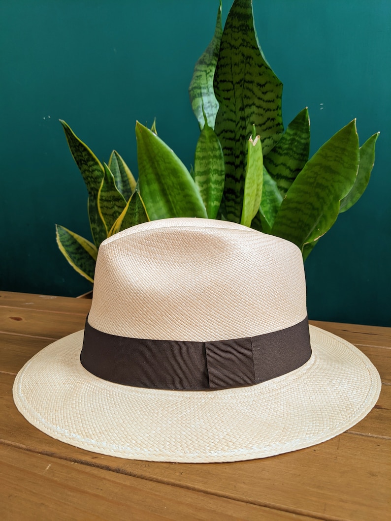 Genuine Ecuadorian Natural Panama Hat with Dark Brown Hat Band ~ Handwoven Toquilla Palm Hat-BOX PACKING