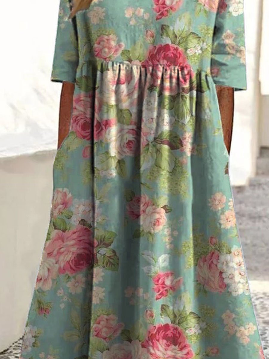 Damen Vintage Blumen Kunst Druck Taschen Baumwollkleid