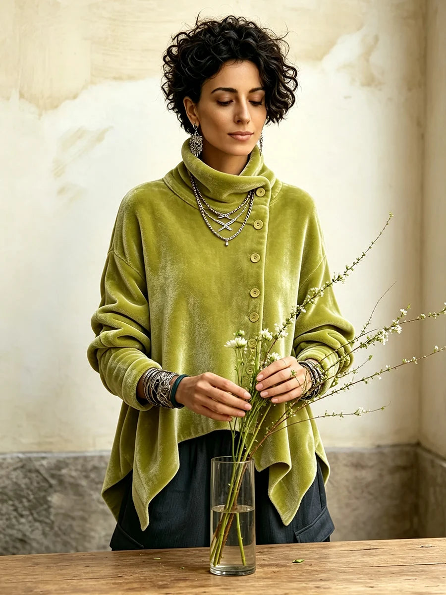 🤲NUR NOCH 49 % SPAREN ⏰Elegantes, asymmetrisches Samt-Rollkragentop mit Knöpfen