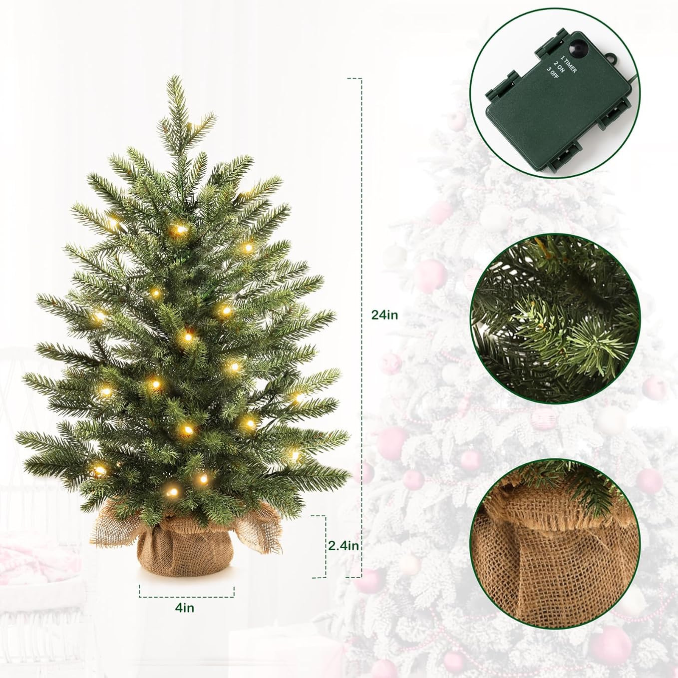 🎄🔥24''  Pre-Lit Green Cypress Artificial Christmas Tree