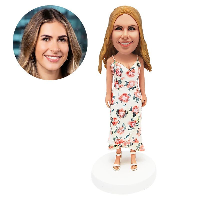customized bobblehead casual lady in floral one piece dress