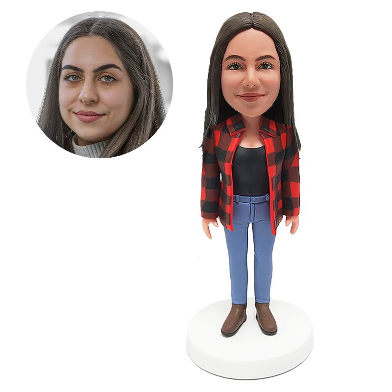 custom made bobblehead casual lady in plaid flanne shirt