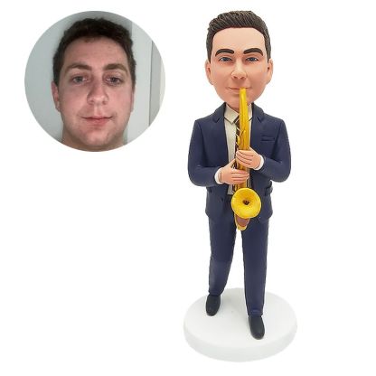 custom made bobblehead male musician holding a saxophone