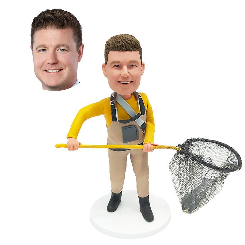 personalized fisher bobblehead man holding a fishing net