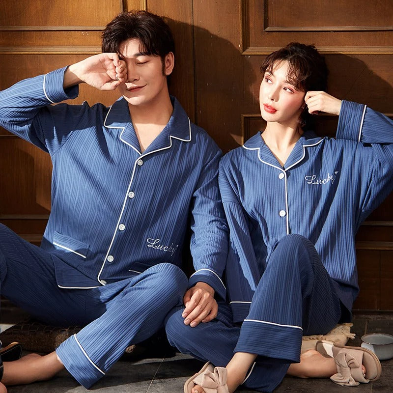 Cozy Long Sleeve Button Up Top And Couple Pajama Set