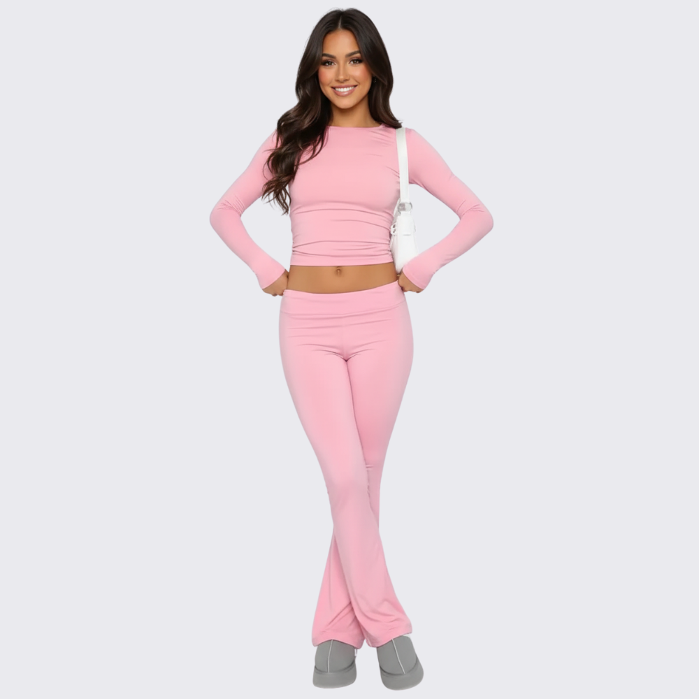 Long Sleeve Crop Top And Flare Pants Loungewear Set For Women