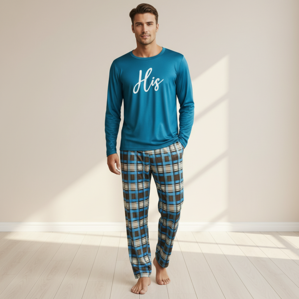 His And Her Printed Long Sleeve Matching Pajama Set For Couple
