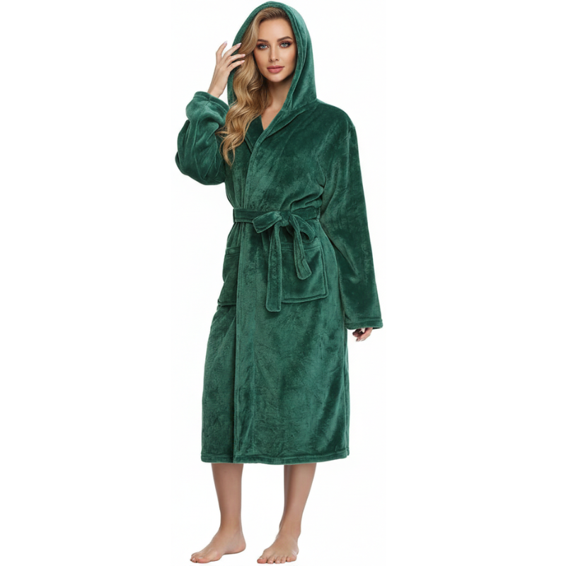 Womens Robes Plush Fleece Hooded Bathrobe Thick Nightgown With Pockets Fluffy Sleepwear
