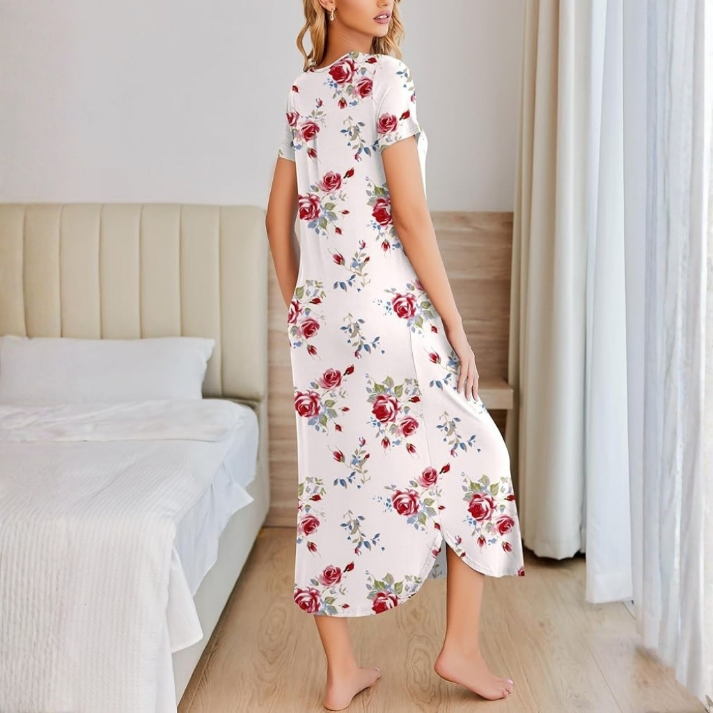 Pleated Long Nightgown Short Sleeve For Women