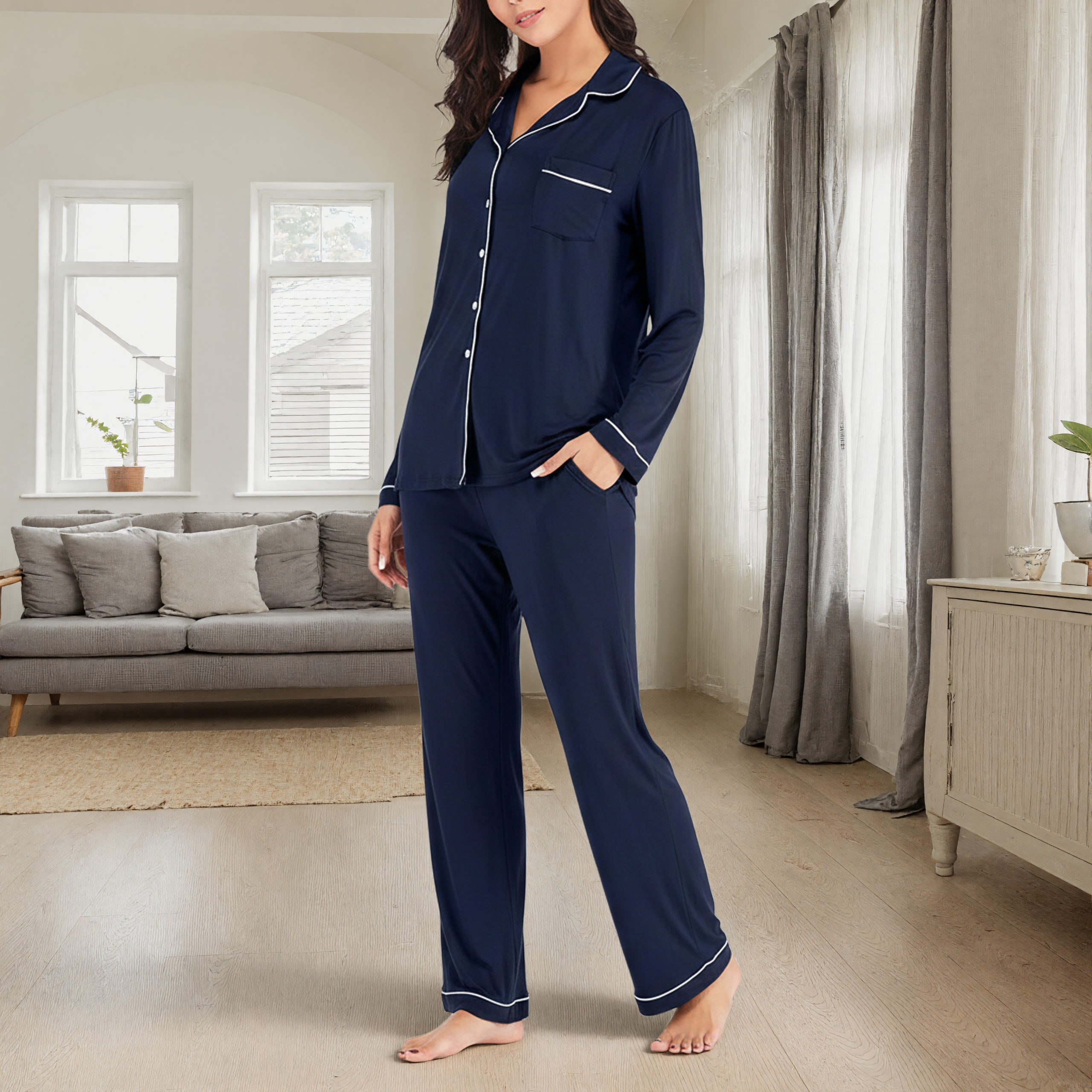 Long Sleeve Button Down Pajama Set For Women