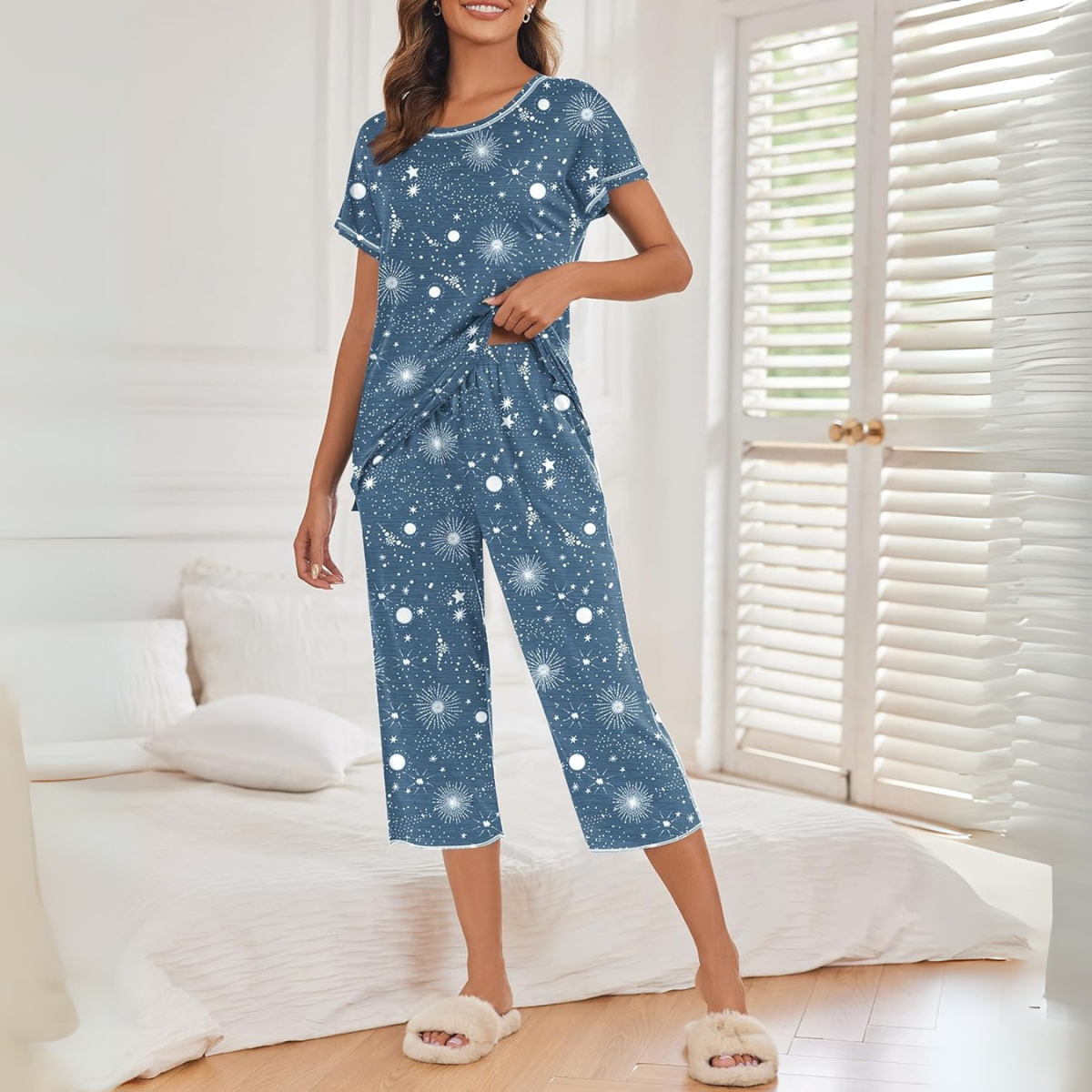 Capri Pajama Set With Short Sleeve Top And Printed Design
