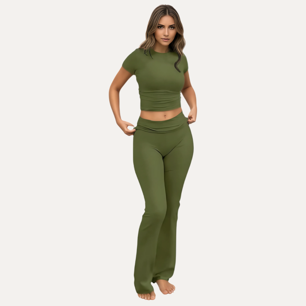 Women’s Two Piece Lounge Set with Crop Top and Flare Pants