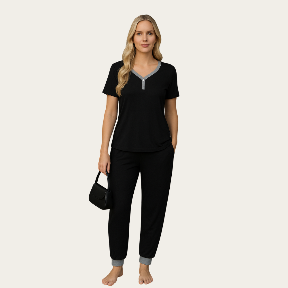 2 Piece Pajama Sleepwear Set For Women With Short Sleeve Top