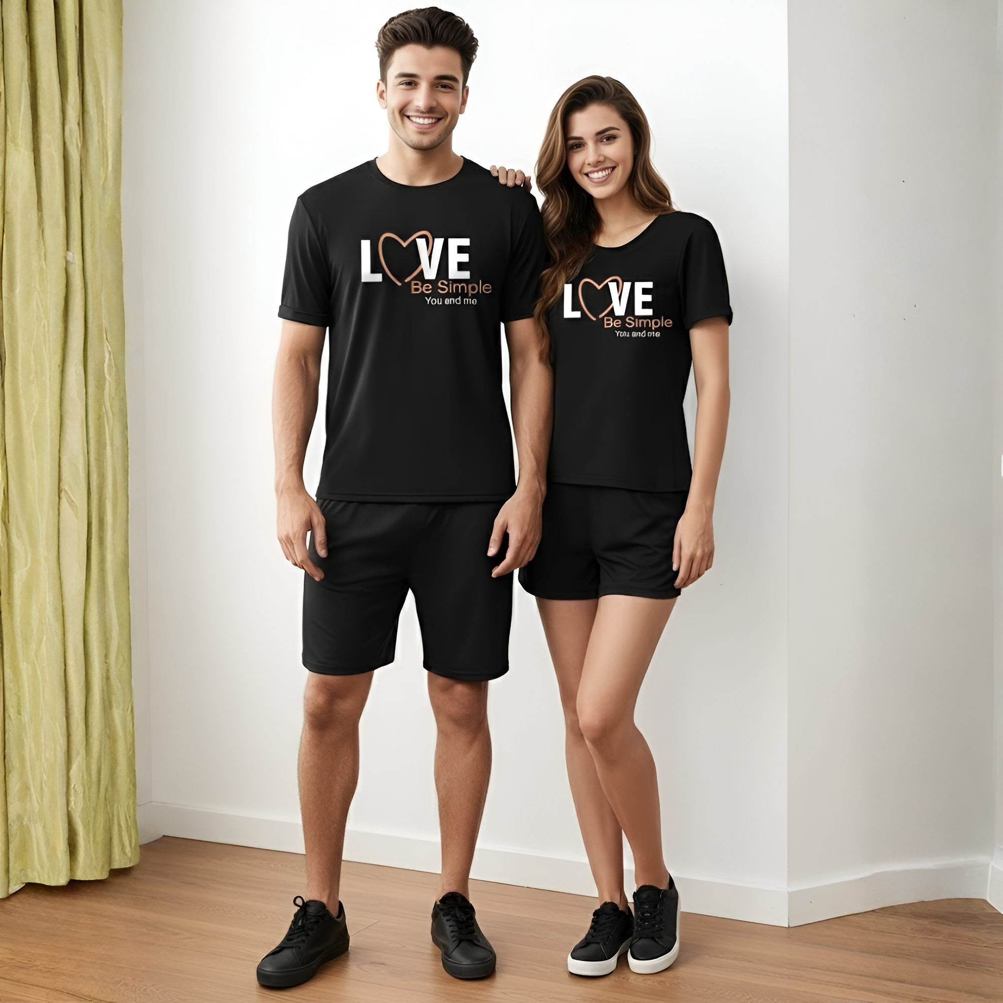 price for one set Couple's Men or Women Love Letter Print Short Sleeve Shorts Set 1 Set