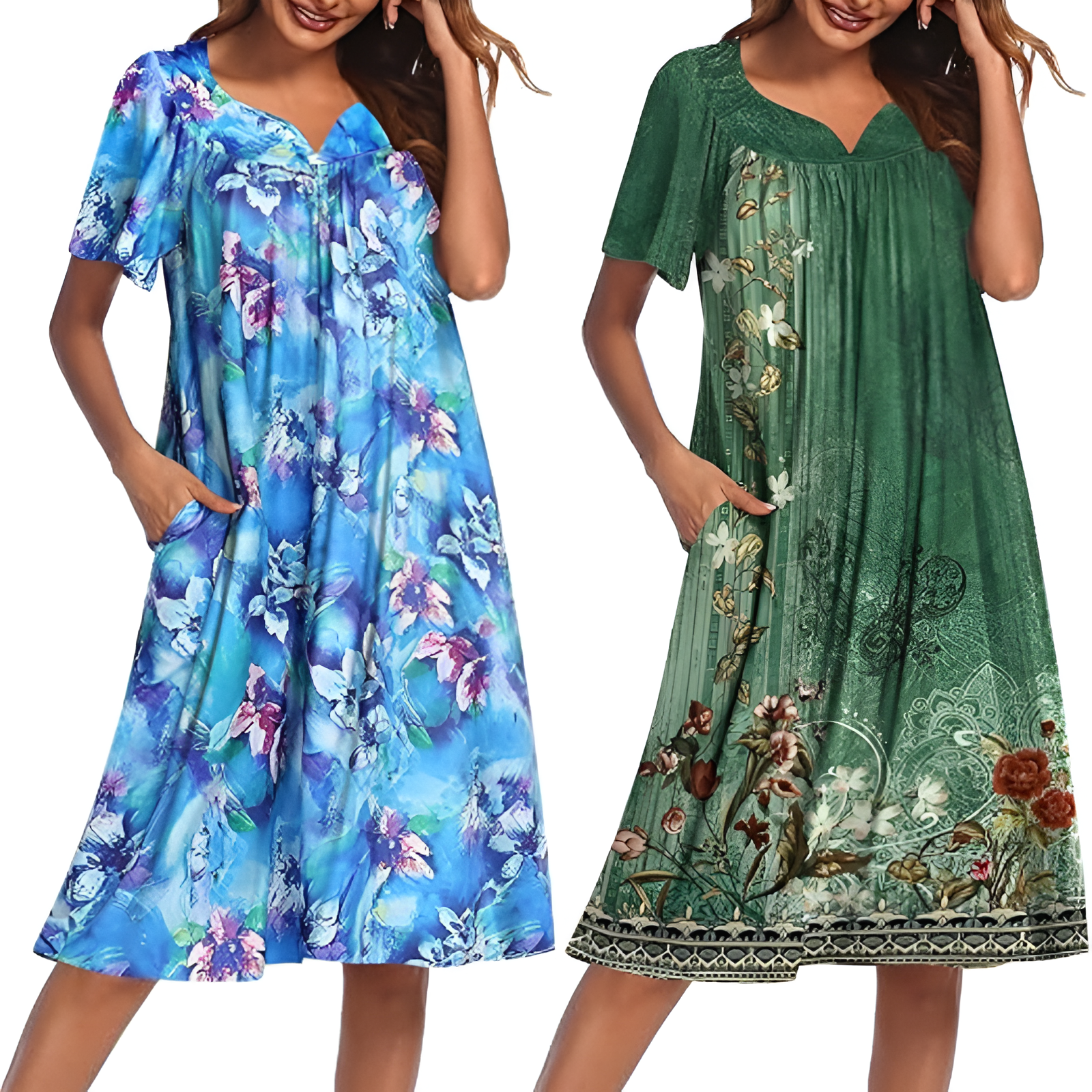 Pack Of 2 Casual House Dresses For Women With Pockets And Floral Print