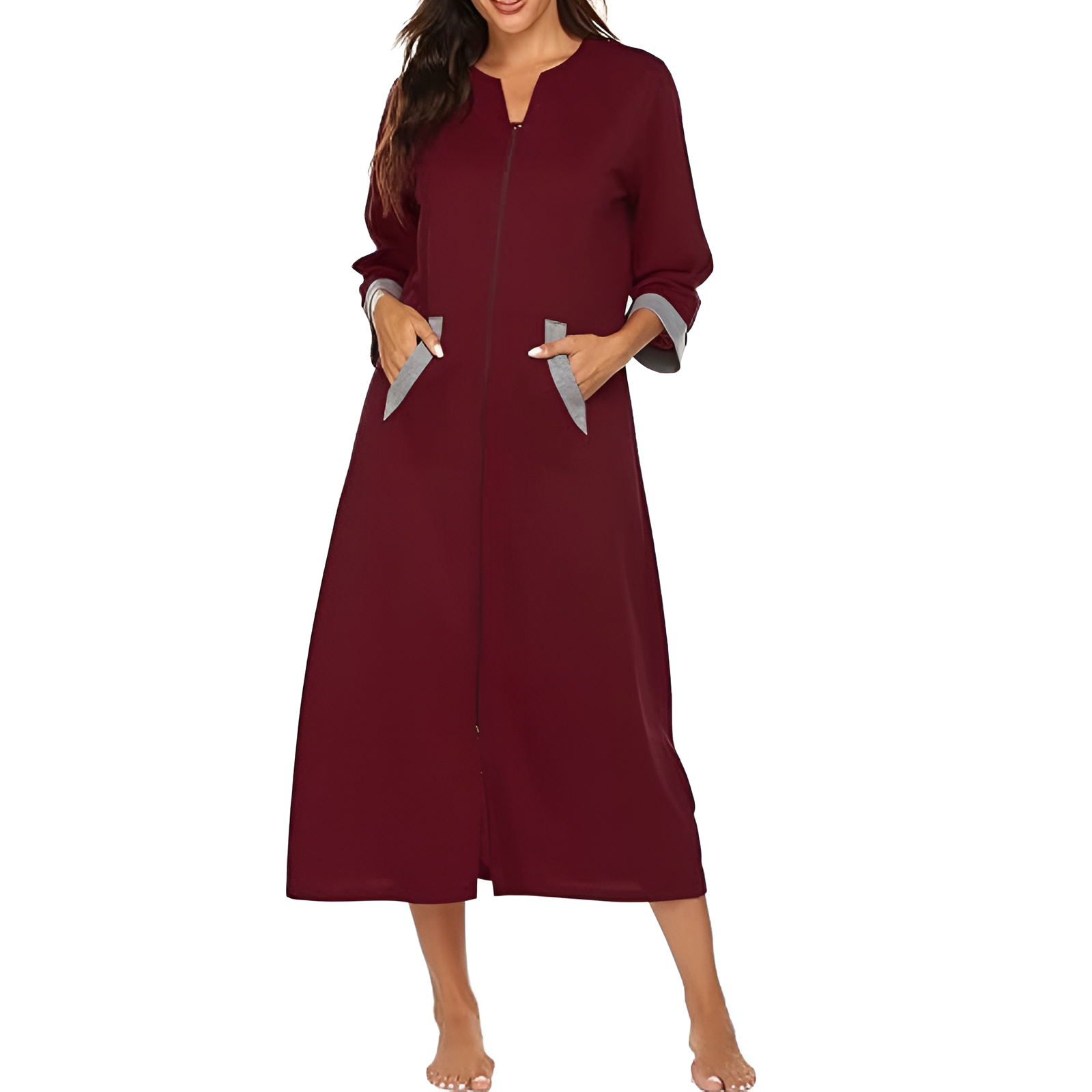 Women Zipper Robe Sleeves Loungewear Dress Full Length Sleepwear Pockets
