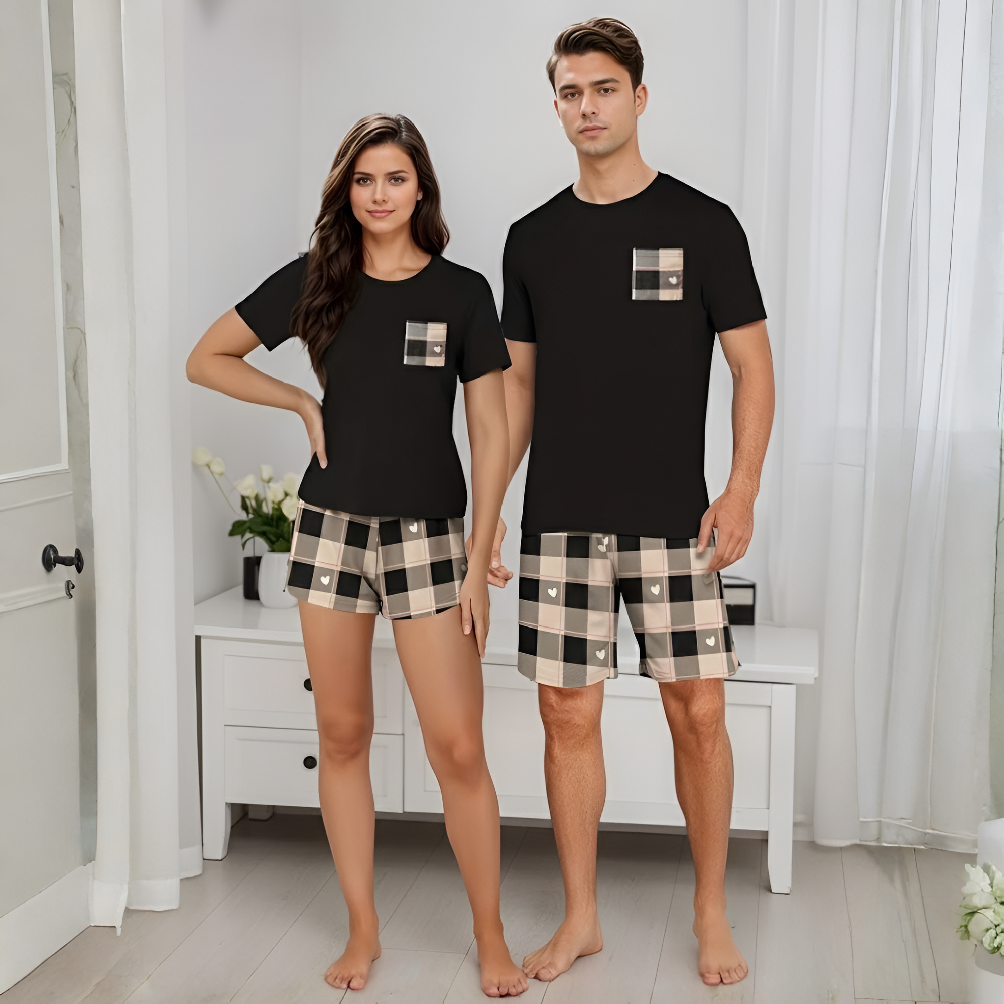 Couple Style Heart Plaid Pocket Short Sleeve Shorts Loungewear Set,