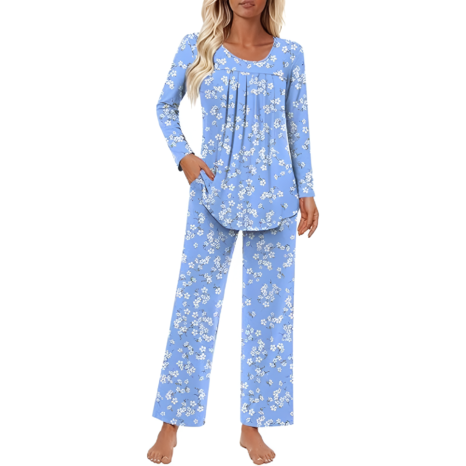 Long Sleeve Top And Loose Pants Two Piece Matching Pajama Set For Women