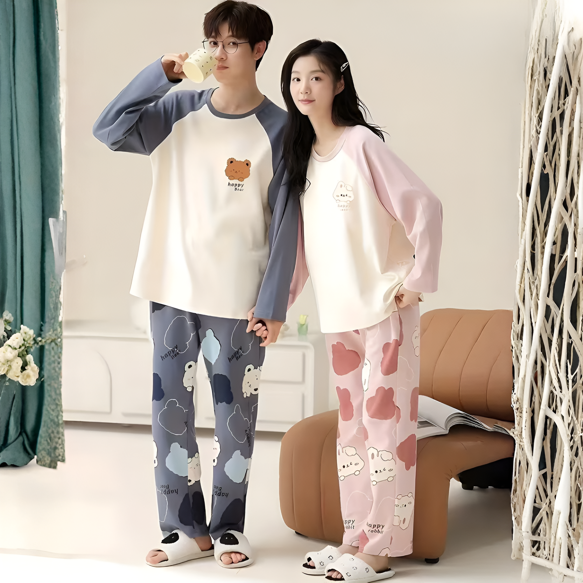 Couple Style Cartoon Bear Print Long Sleeve Long Pants Loungewear Set
