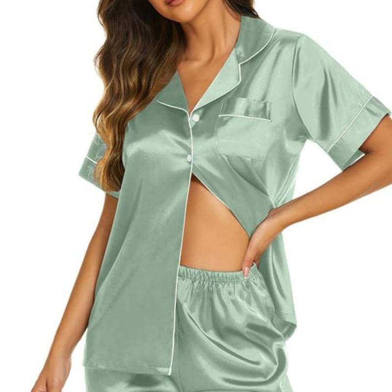 Short Sleeve Satin Top And Shorts SetShort Sleeve Satin Top And Shorts Set - View 4